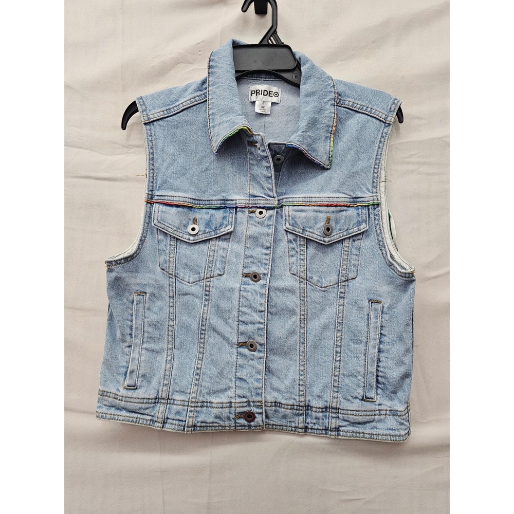 Pride Womens Rainbow Fringe Trucker Denim Vest Blue Cotton Blend Casual Size XS